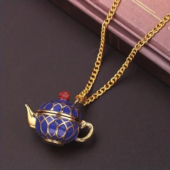 Cobalt Blue Enamel Painted Teapot Tea Pot Charm Pendant Yellow Gold-Tone - Picture 2 of 15